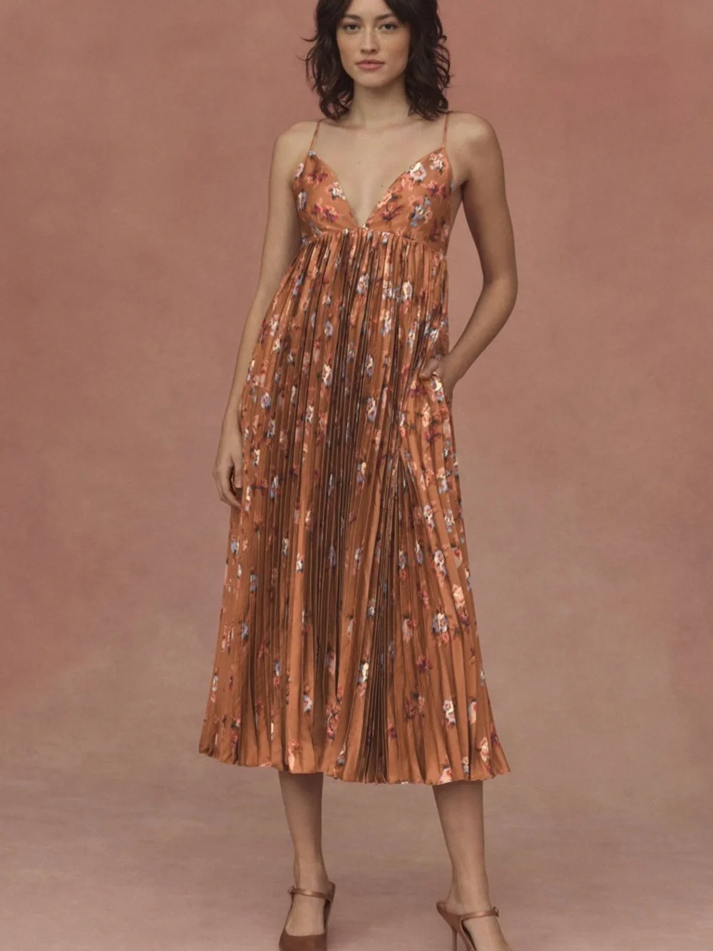BHLDN Maya Pleated V-Neck Midi Dress - Picture 1 of 16